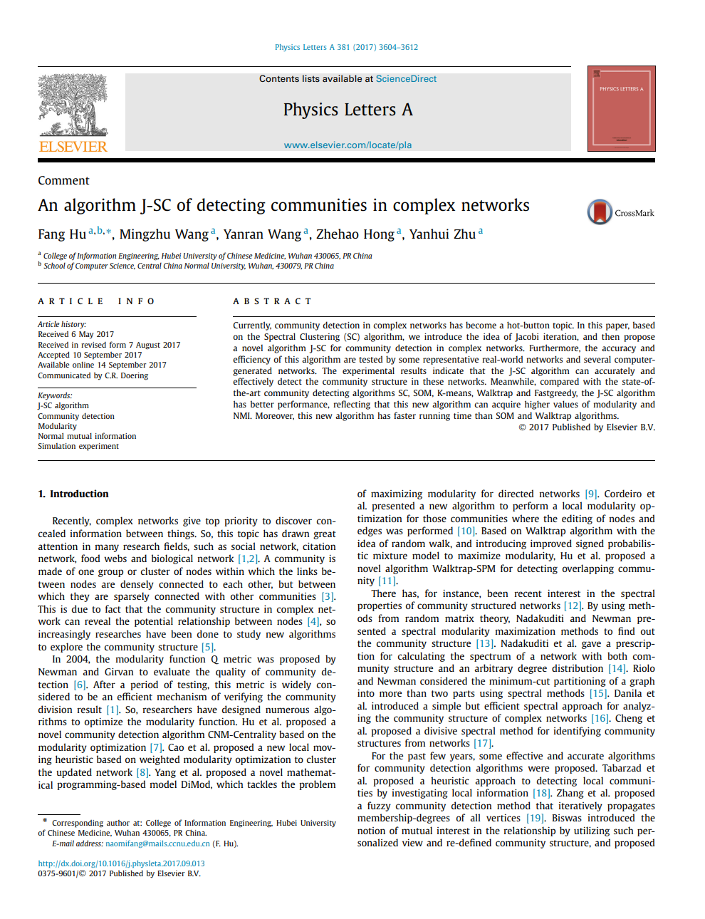 An algorithm J-SC for detecting communities in Complex Networks（SCI）